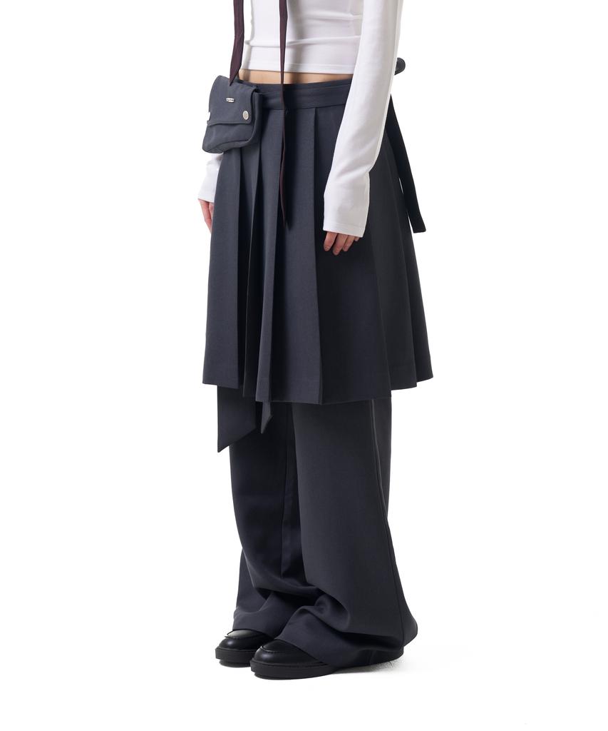Iuga Makaras Belted Bag Pleats Midi Skirt (Dark Gray)