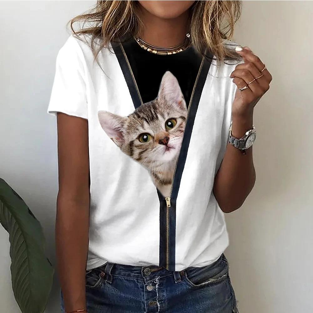 Women's T-shirt Cartoon Animal Print T-shirt Casual Round Neck Short Sleeved Elastic Women's Summer Loose T-shirt Clothing