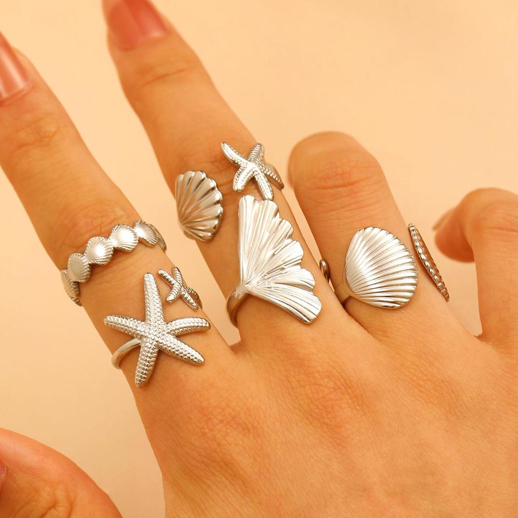 Stainless Steel Starfish & Seashell Open Ring - Ocean Holiday Style Jewelry for Women