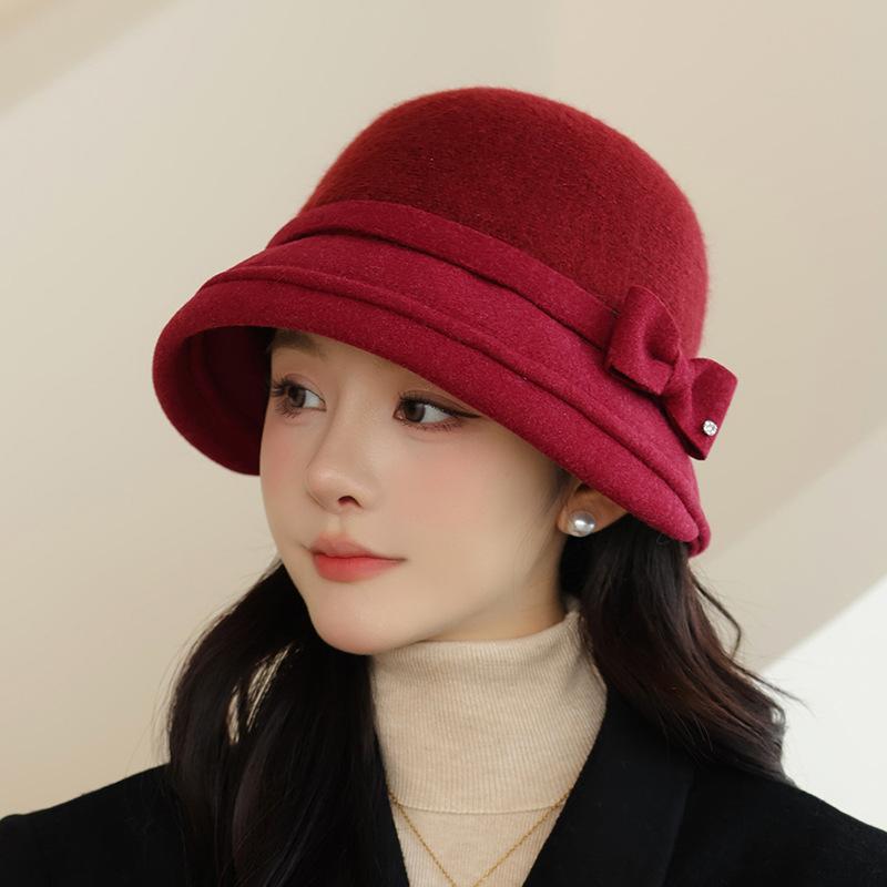 Wool Bucket Hat Women's Autumn and Winter Retro Bow Top Hat Winter Warm Foldable Tweed Bucket Hat - Face- Fisherman