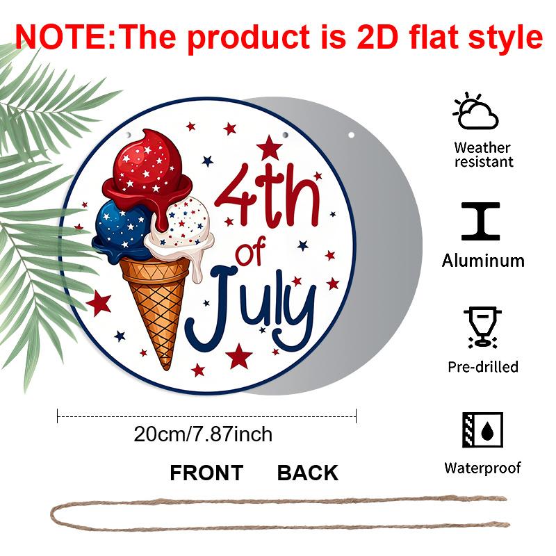 2D Flat 1pc Aluminum Independence Day Patriotic-Themed Ice Cream Wall Decor, 7.87 inches x 7.87 inches Suitable for hanging on front doors, porches