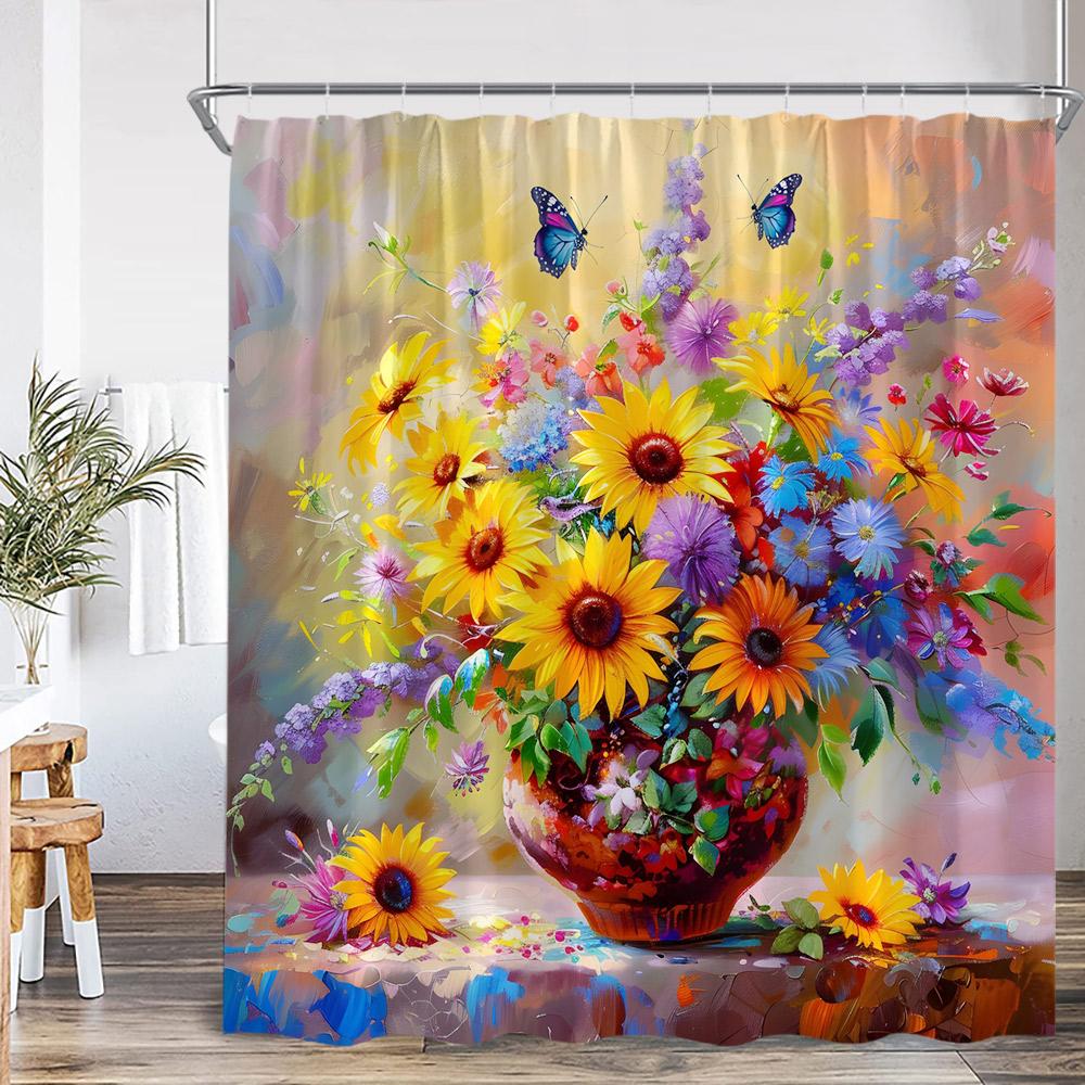 Sunflower Farmhouse Shower Curtain Farmland Truck Motivational Quote Floral Polyester Bath Curtain Country Bathroom Decorations