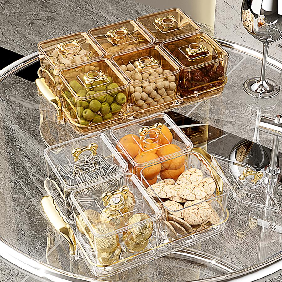 Mehrkammer-Kunststoff-Serviertablett mit zwei Griffen, versiegelte, feuchtigkeitsdichte Aufbewahrungsbox für Snacks und Trockenfrüchte, Küchen-Obstschale
