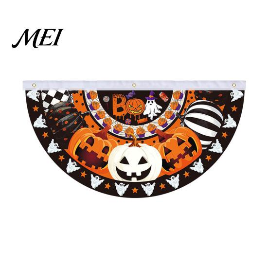 Outdoor Halloween Decorations Semi Circle Bunting Banner, Pumpkin Bat Porch Yard Decor, Festive Window Hanging Spooky Flag for Indoor Party