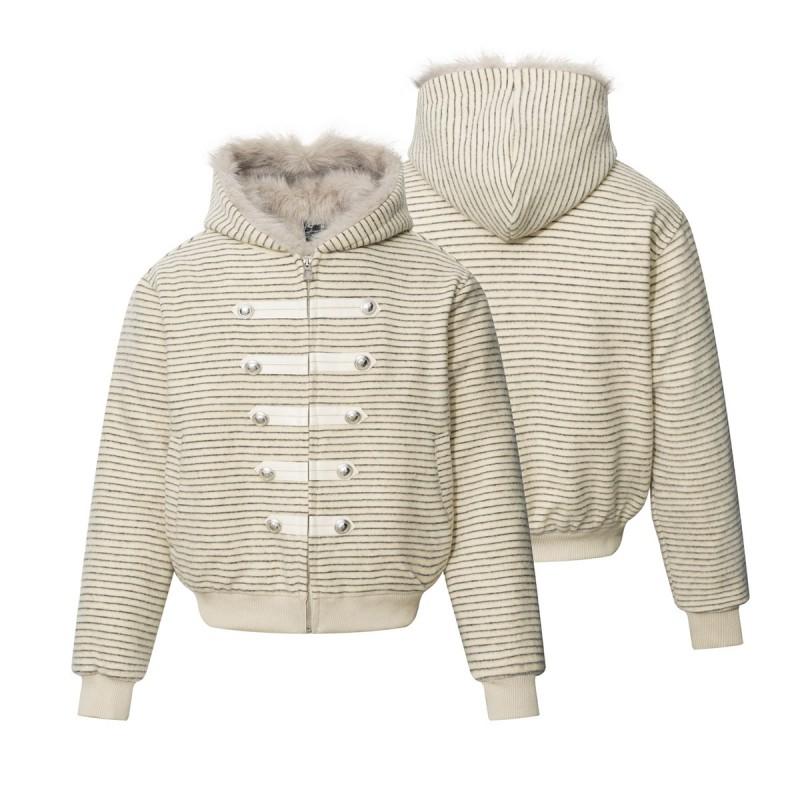Winter Fleece Cotton Padded Hooded Jacket Striped Zip-up Streetwear Teens