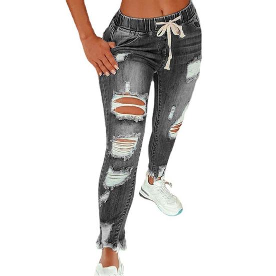 Women Jeans Ripped Hole Stretchy Summer Slim-fitting All Match Denim Pants for Daily