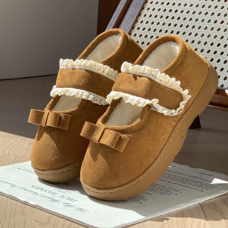 New retro Mary Jane Velcro all-inclusive heel cotton shoes autumn and winter home velvet warm non-slip cotton slippers