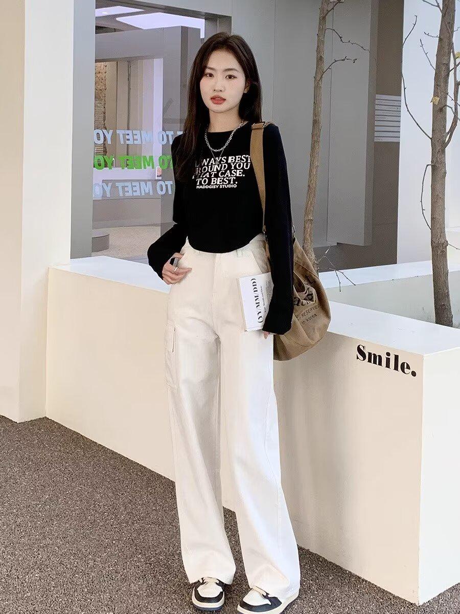 

Ранняя осень Корейский стиль Ретро Женские джинсы карго для похудения - Свободные повседневные джинсовые брюки 5XL белый