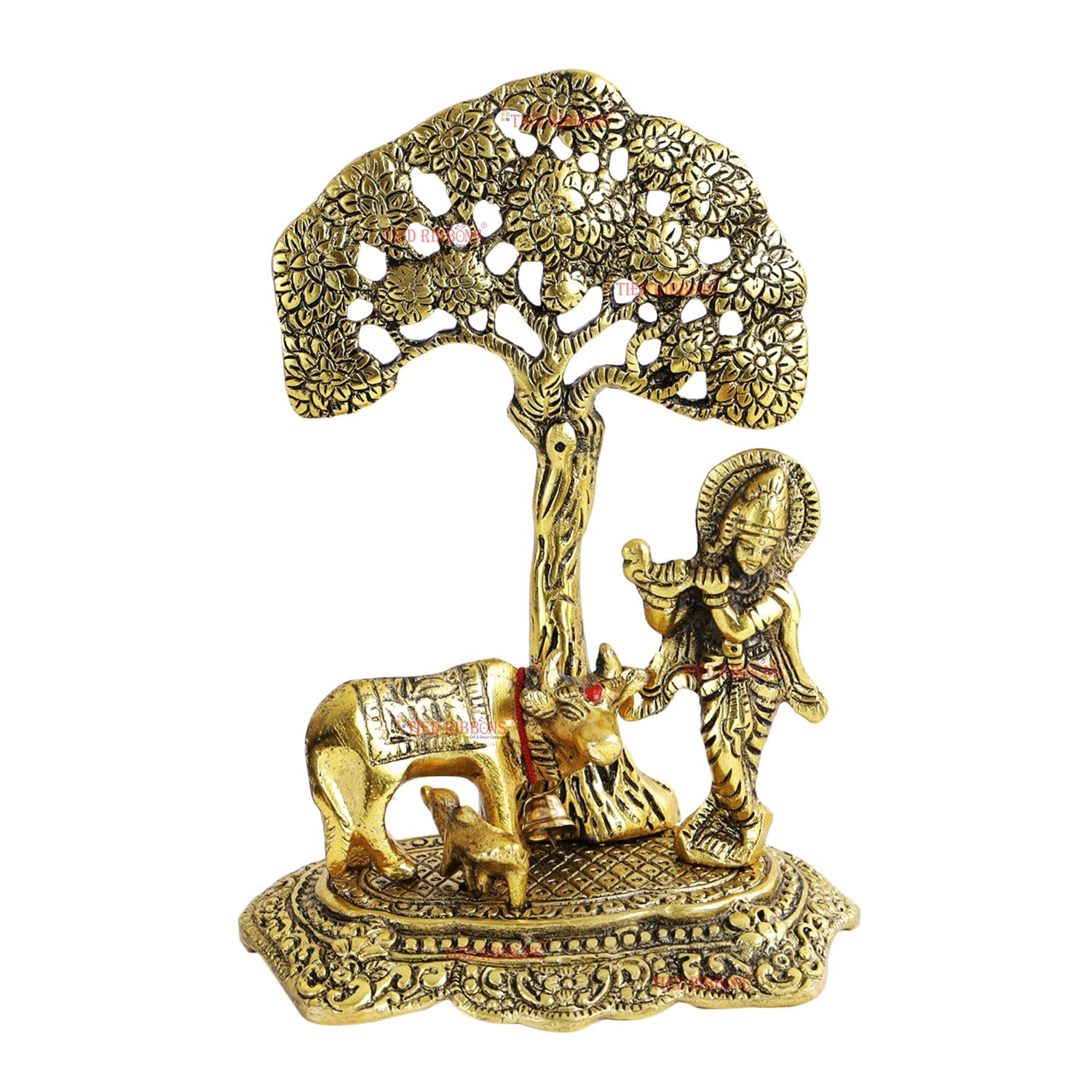 Lord Krishna Idol With Cow Brass Statue, Calf Under Tree Decorative Showpiece