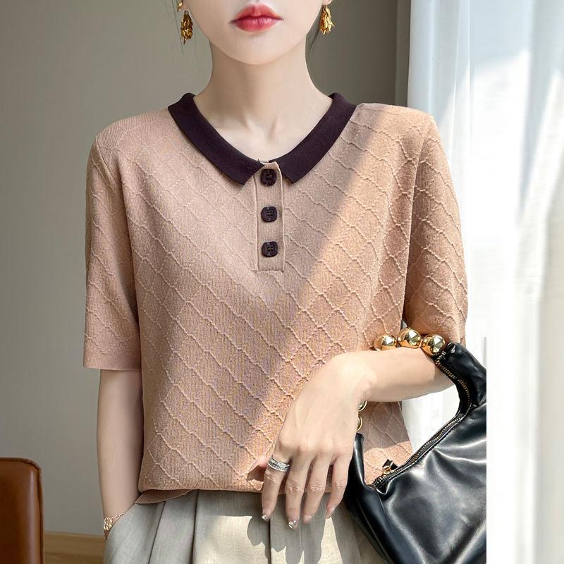 Summer New Women's Knit Ice Silk T-shirt POLO Collar Short Sleeved Contrasting Color Versatile Top for Women