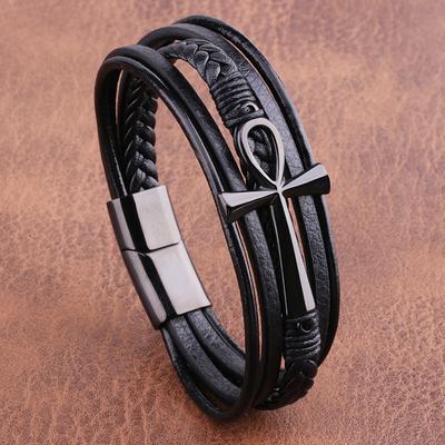 Men's Leather Bracelet Hand Woven Cross Multilayer Vintage Bracelet Stainless Steel Men's Bangles