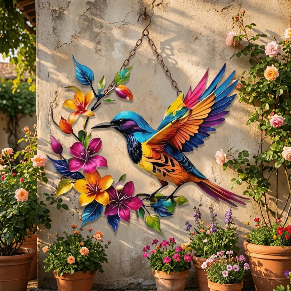 Hand Painted Iron Art Bird Wall Hanging Colorful Flower Colorful Birds Sculpture  Balcony Patio