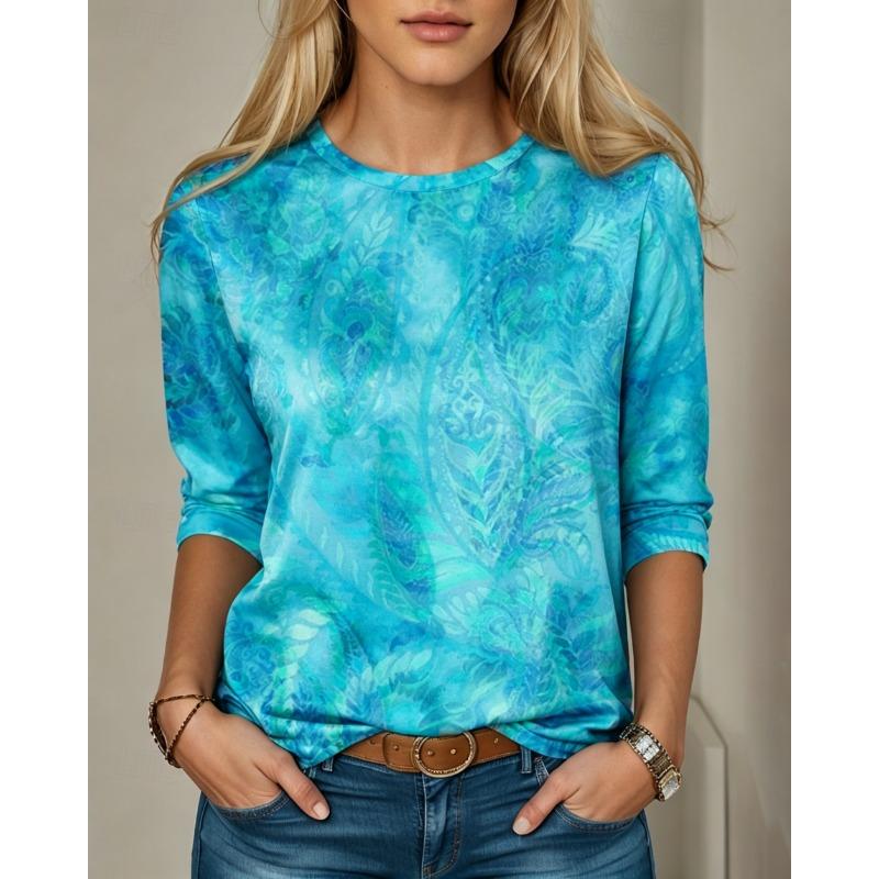 Women's Long Sleeve Crew Neck Teal Paisley Watercolor Print Casual T-Shirt, Regular Tops for Spring Summer Daily Wear