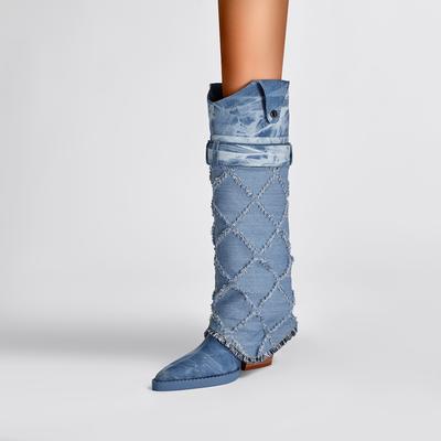 Fashion Kaky's New Denim Hollowed Out Pointed Toe Super High Heels Large Boots High Boots 44 45 46