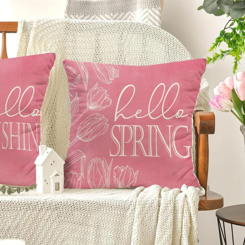 Hello Spring Pillow Covers Pink Tulip Bicycle Truck Pillowcases Spring Flowers Farmhouse Decorations, 18 x 18 Inch Cushion Case for Sofa Couch Set of