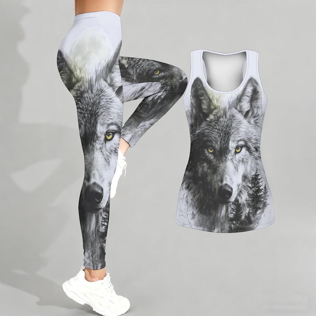 Silny Wilk Wzór Nadruk Strój do Jogi dla Kobiet Moda Legginsy Treningowe Fitness Sportowy Codzienny Zestaw do Jogi Garnitur Sportowy