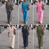 1 Set Women Summer Suit Turn-Down Collar Single-breasted Solid Color Shirt Trousers Two-piece Set Casual Wear Plus Size Cotton Linen Top Wide Leg