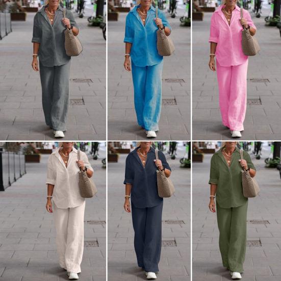 1 Set Women Summer Suit Turn-Down Collar Single-breasted Solid Color Shirt Trousers Two-piece Set Casual Wear Plus Size Cotton Linen Top Wide Leg