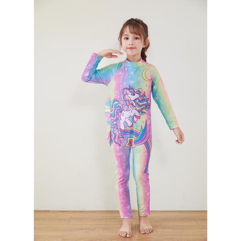 2 Pcs Girls Swimsuit Cartoon Printing Long Sleeve One-piece Swimwear Beach Sunscreen Trousers With