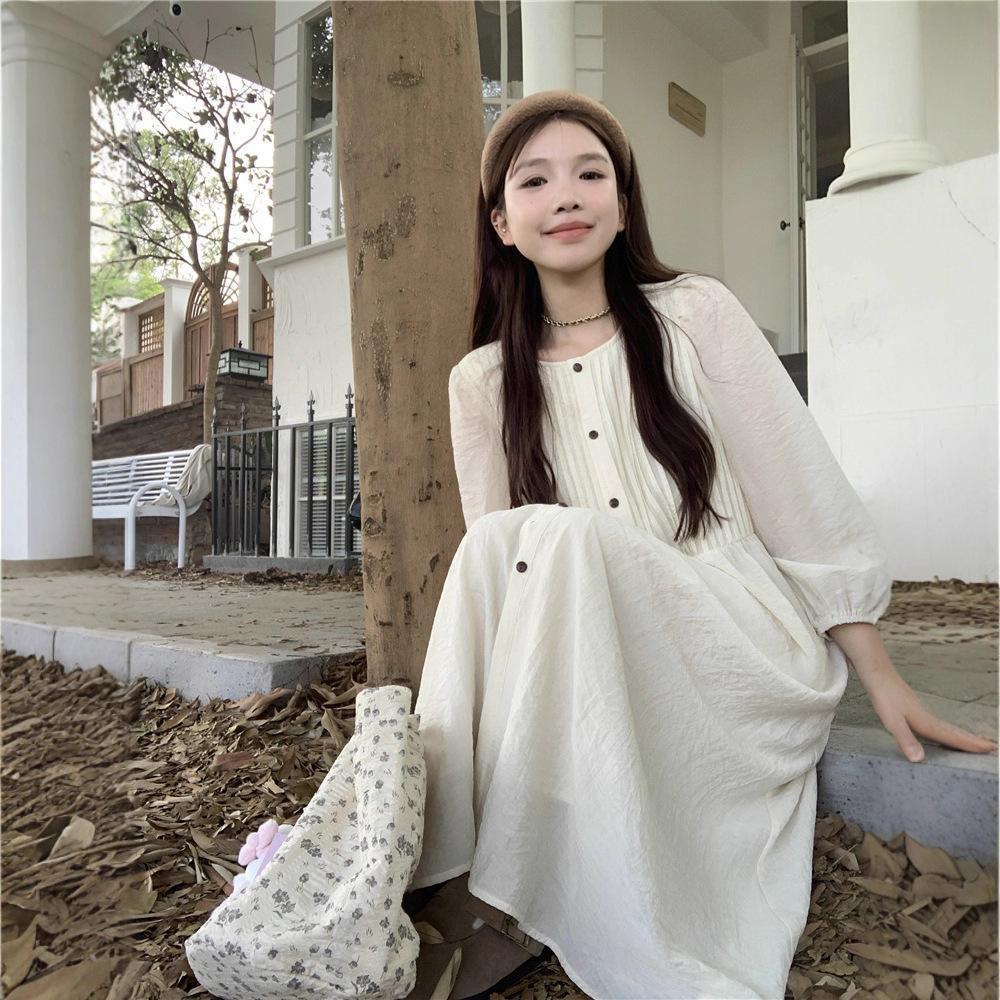 Autumn Dress Pleated Long-sleeved Dress Women's New Design Sense High Waist Loose Long A-shaped Skirt Tide