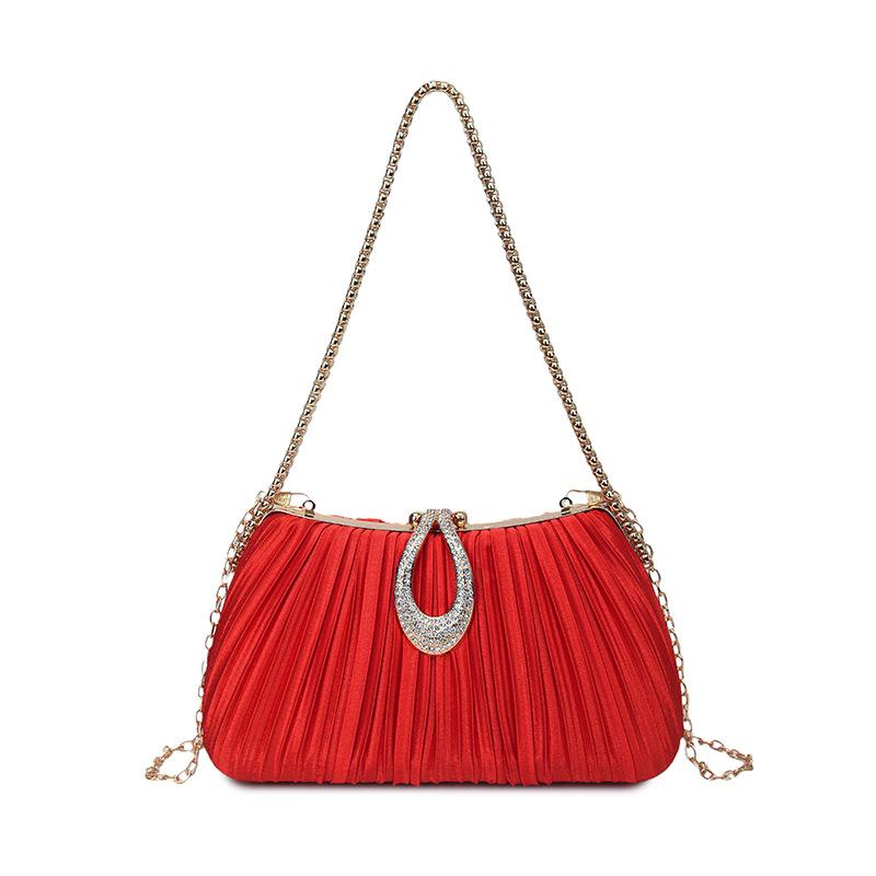 Women's Elegant Satin Evening Bag Pleated Clutch Wedding Purse Chains Party Prom Handbags with Rhinestones for Wedding Bride