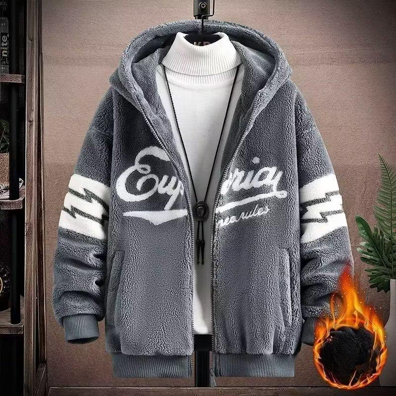 

Потовщена куртка з овечої вовни на флісовій підкладці для чоловіків, повсякденна зима, вільний світшот, молодіжна мода, модний чоловічий верхній одяг 3XL