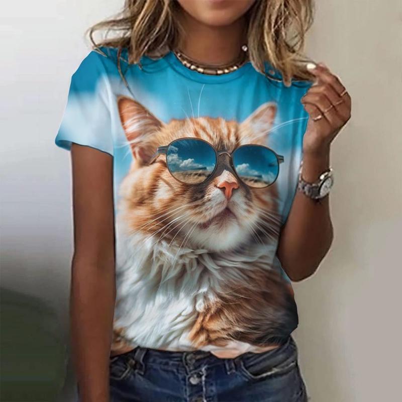Sunglasses Cat Pattern T Shirt For Women Fun Animal 3D Printed Short Sleeves Summer Loose T-Shirts O-Neck Tops Tees Streetwear