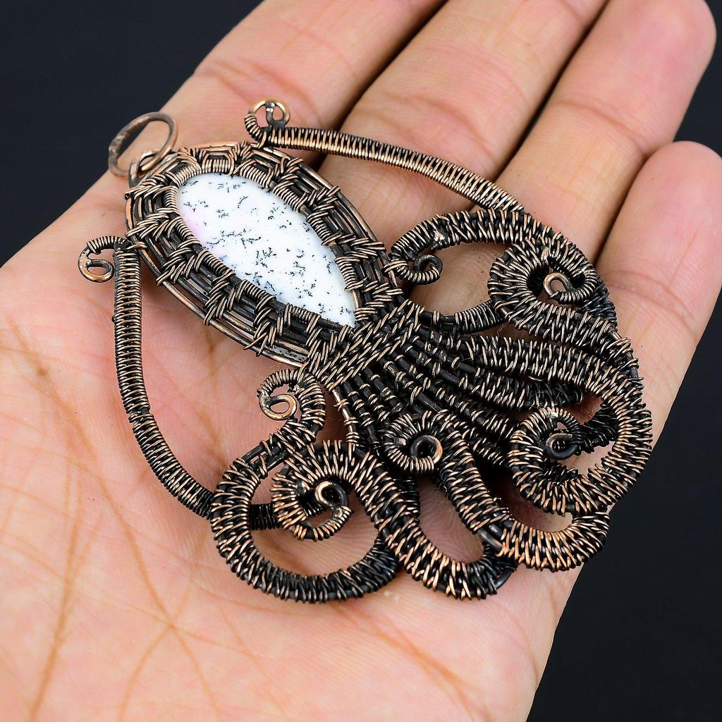 Octopus Shape Dendrite Opal Gemstone Pure Copper Wire Wrapped Handmade Pendant Fancy Jewelry