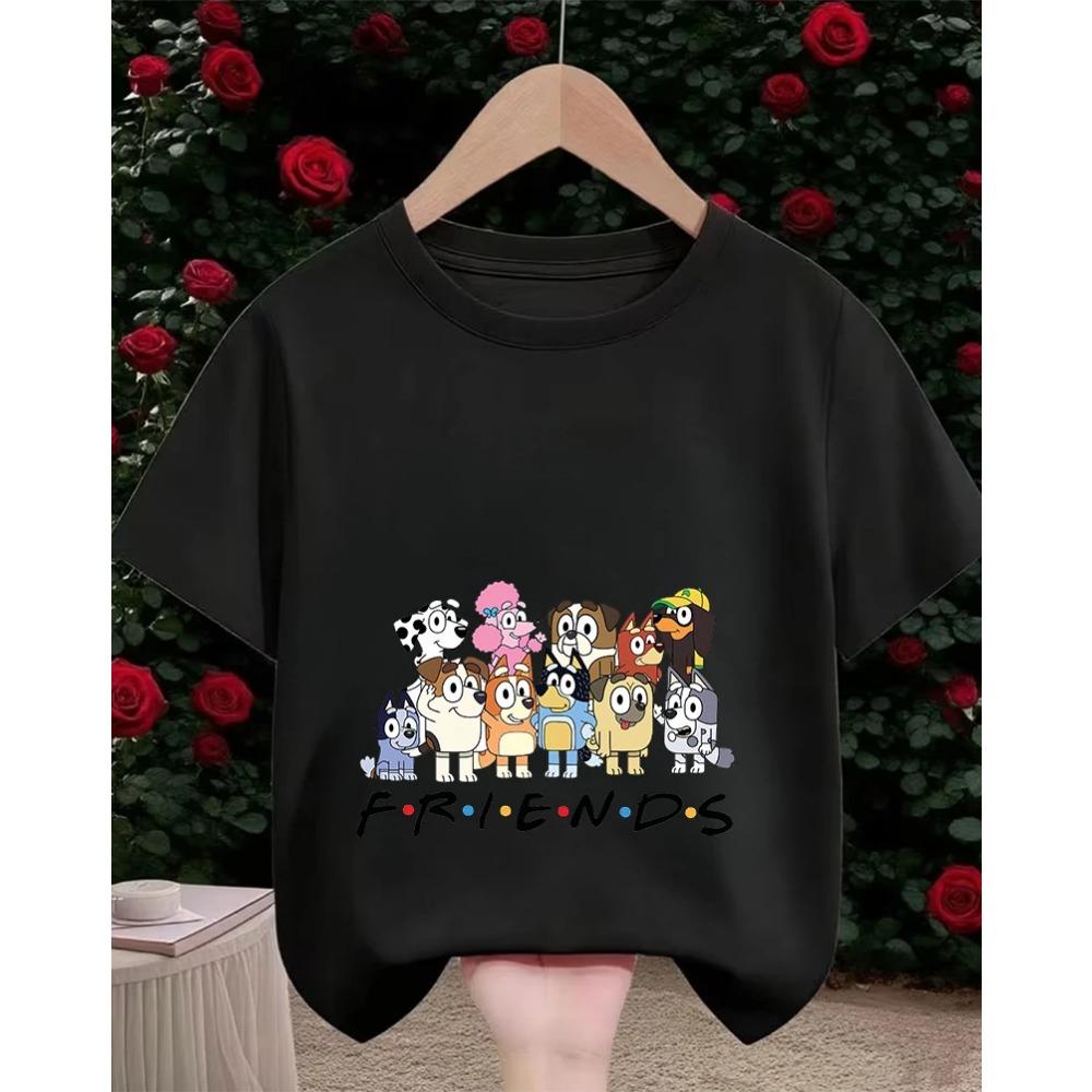 Kids Casual Tee Street Fashion Bluey Popular Cartoon Print For Boys Girls Summer Soft Comfort Tops 3-14 Age