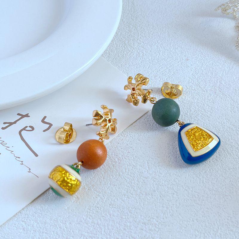 Geometric Asymmetrical Enamel Glaze Wood Pillar Earrings