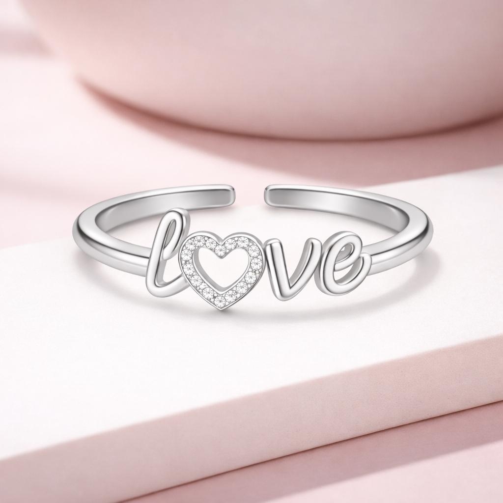 Heart Love Script Open Adjustable Ring – 925 Sterling Silver