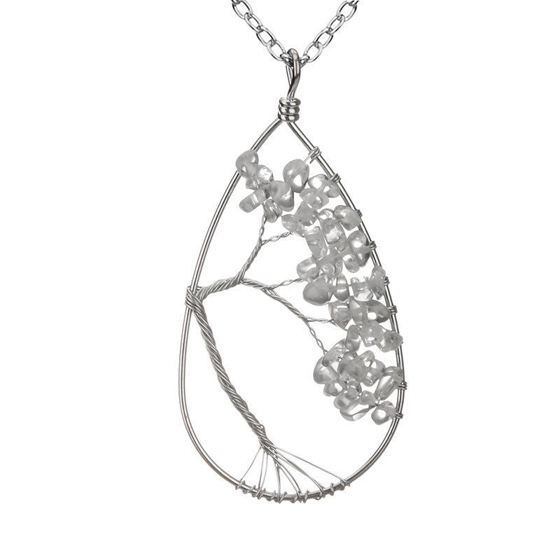 Handmade Silver Wrapped Copper Wire Crushed Stone Tree of Life Necklace, Water Drop Natural Stone Design, Bent Tree of Life Necklace N28.