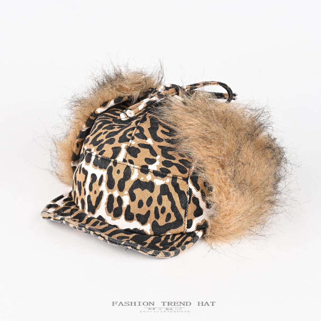 American leopard print plush cap men's and women's winter warm and cold outdoor cycling pilot ear hat
