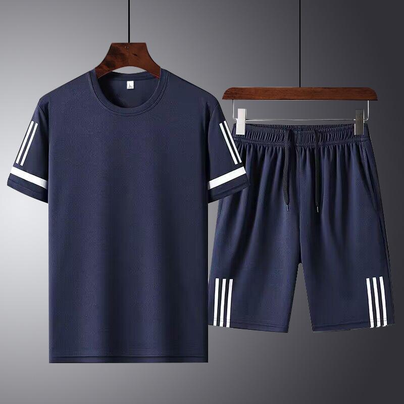 Summer New Men's Casual Sports Suit Round Neck Thin Section of Short-sleeved T-shirt Short Trousers Ice Silk Quick Dry Two-piece Set