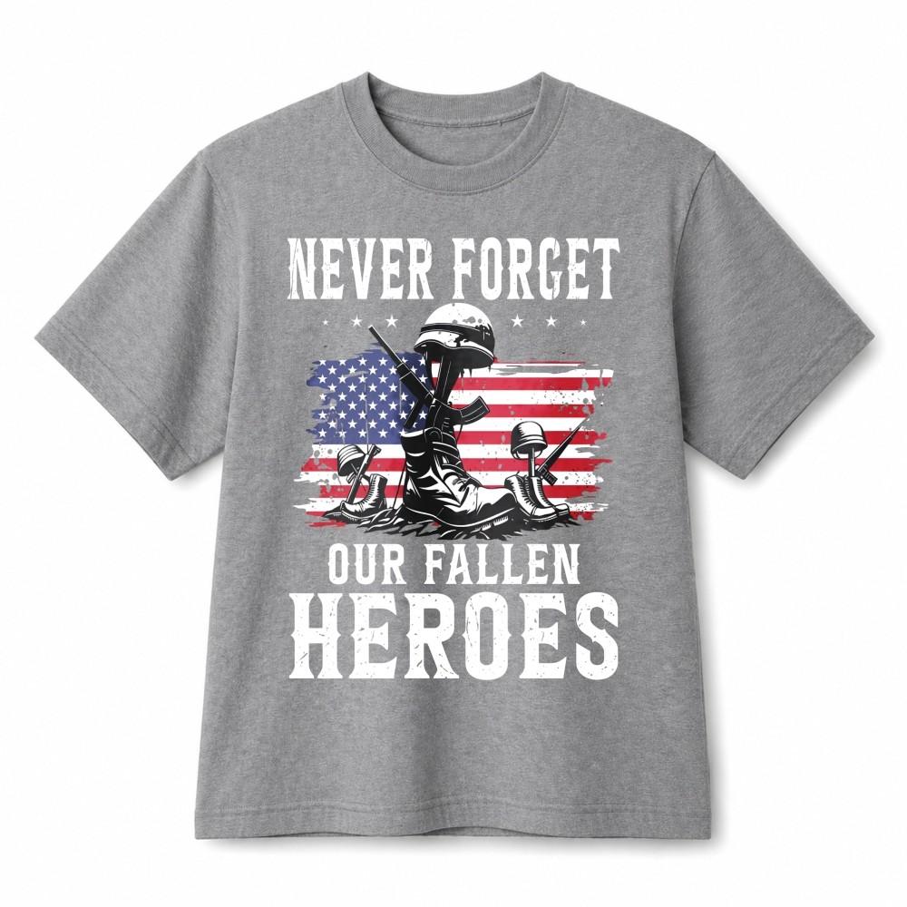 Never Forget Our Fallen Heroes Memorial Patriotic Retro Graphic Cotton T-Shirt XL