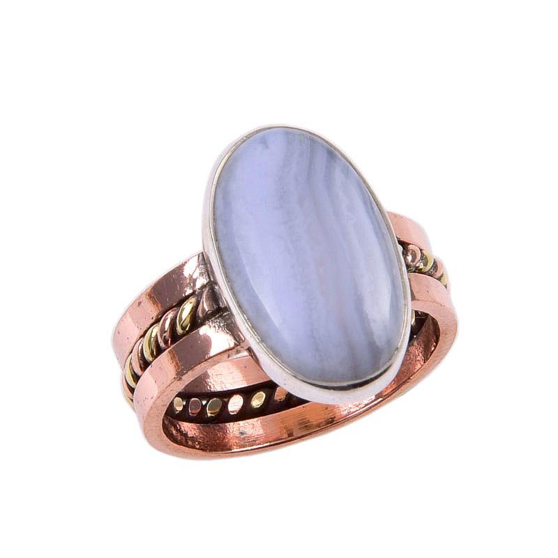 Natural Blue Lace Agate Gemstone 925 Solid Sterling Silver TwoTone Ring S.6 Y5P27