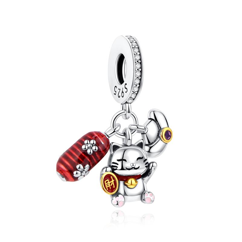 925 Silver Charms Beads Original Japanese Doll Fortune Cat Charm Fit Bracelets Bangles DIY Jewelry For Women