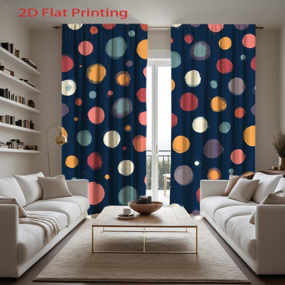 2pcs Modern Window Curtains - Semi-Sheer Light Filtering Privacy Drapes with Dark Blue Background & Multicolor Dot Pattern