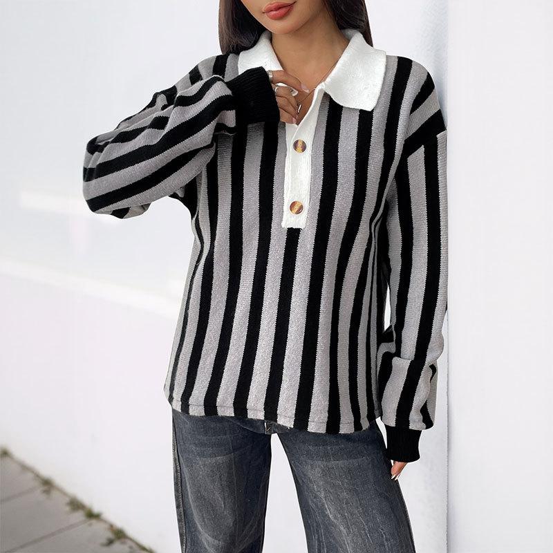 New Neutral Style Vertical Striped Lapel Knitted Pullover Sweater for Women in Autumn and Winter