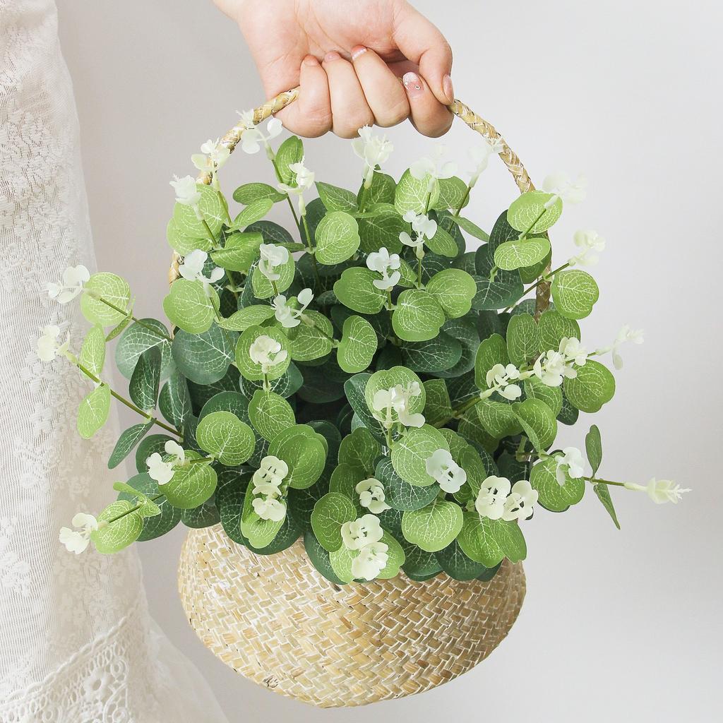 30pcs Artificial Eucalyptus Stems with White Flowers, Faux Green Eucalyptus Leaves for Home & Wedding Decor