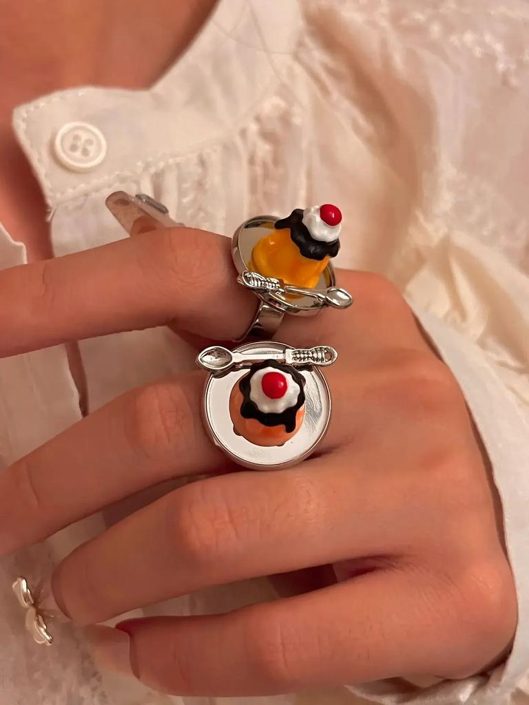 Fashion Hip Hop Design Cake Ring Cherry Chocolate Fruit Cake Afternoon Tea Ring Birthday Gift Accessories Cute Food Rings Girl