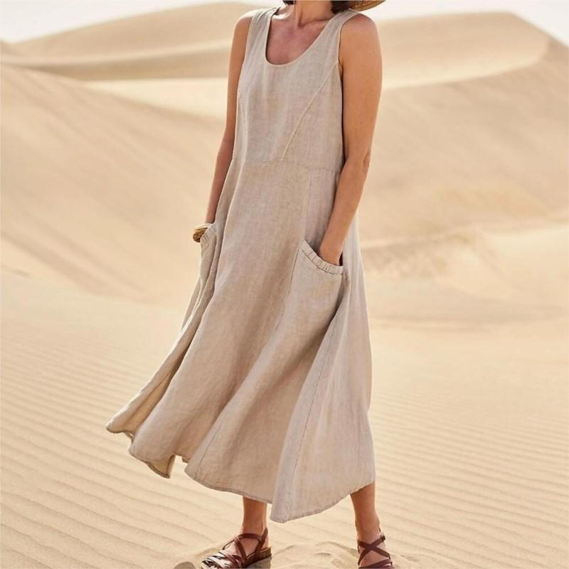 Summer Pocket Sleeveless Round Neck Women's Cotton and Linen Dress Lady Loose Solid Color Pullover Big Swing Dress