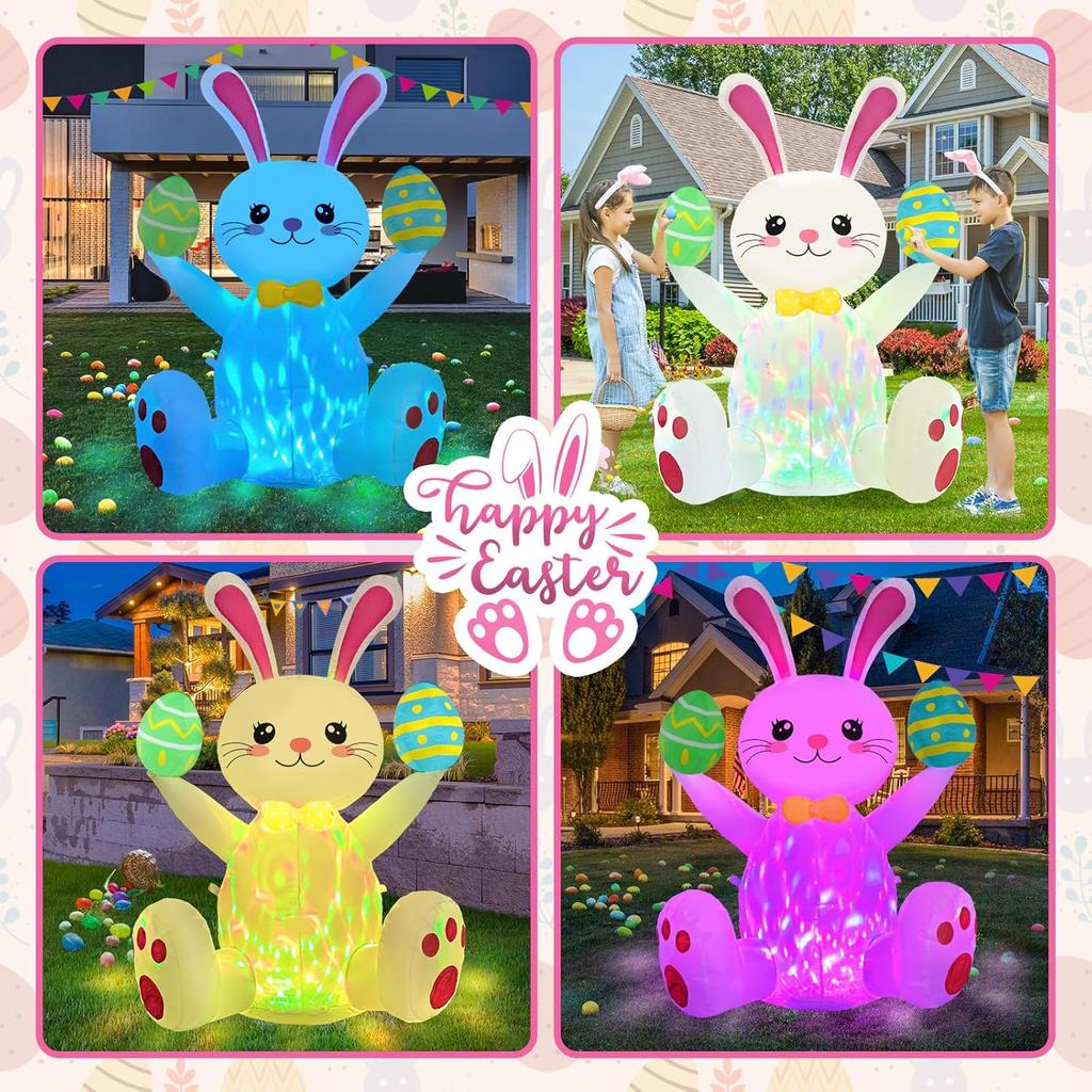 Easter Inflatables Outdoor Decorations 4ft Cute Inflatable Bunny Hold Eggs Blow Up Yard with LED Lighted Colorful Happy Rabbit Blow Ups for Outside