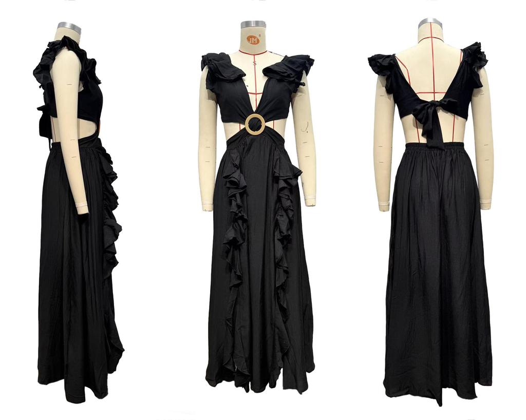 European and American Spring 2026 Women's Elegant Floral Deep V Cut-Out Waist Dress