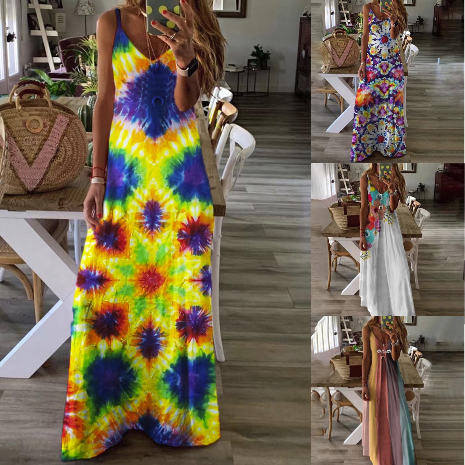 

Женская мода повседневное платье без рукавов с v-образным вырезом и принтом макси-майка длинное платье M оранжевый