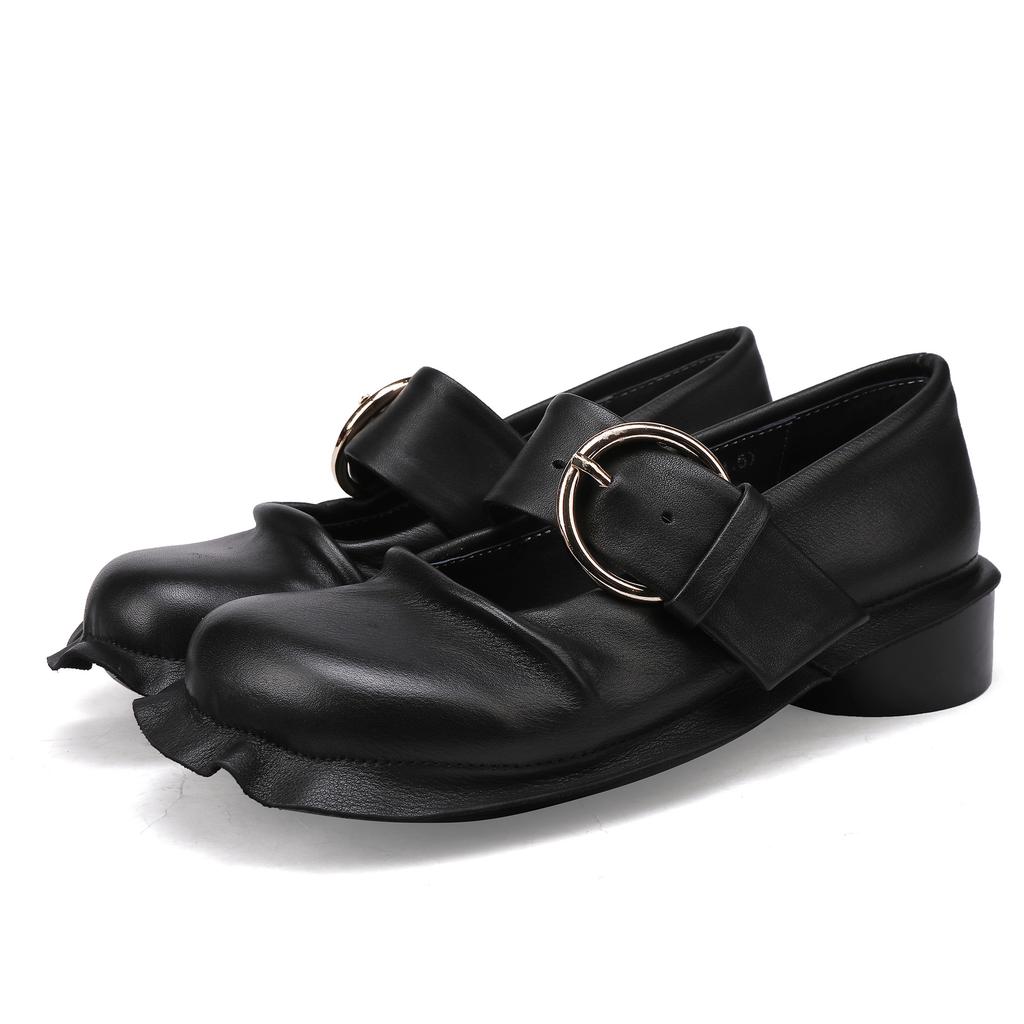 Johnature Retro Lace Thick Heeled Soft Soled Shoes Genuine Leather Women's Mid Heel Pumps