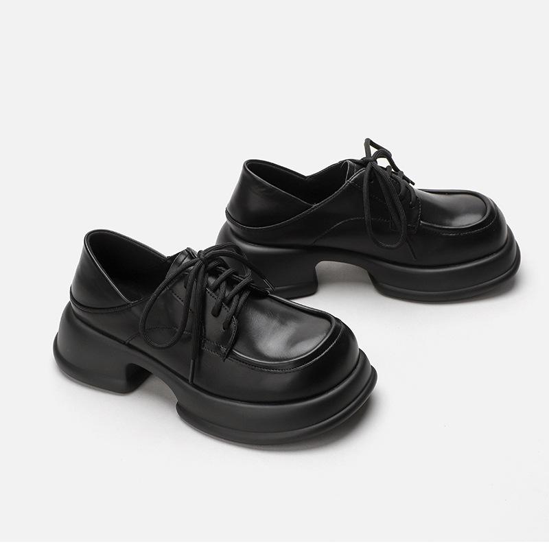 Small Leather Shoes Women's New Thick-heeled Black British Retro Lace-up Loafers Preppy Style Thick-soled Women's Shoes