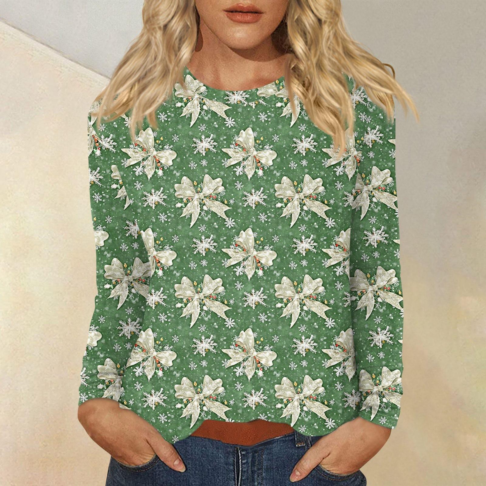 

Рубашки с длинным рукавом для женщин, милые футболки с принтом на Рождество, блузки, повседневные топы больших размеров, пуловеры XXXXXL зелёный
