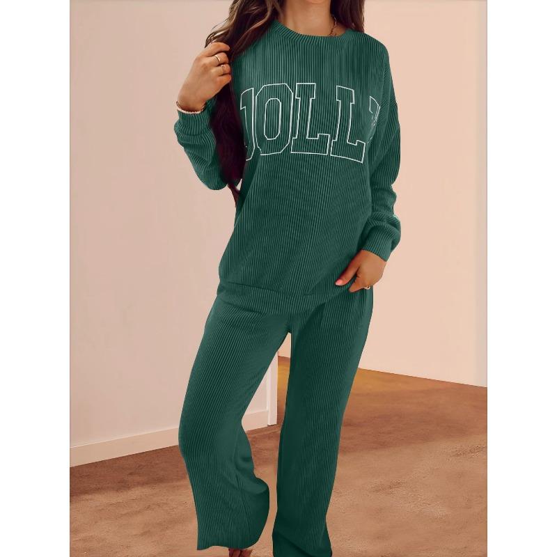 

women s Ribbed Textured Long Sleeve Sweatshirt High Waist Wide Leg Pants Casual Two Piece Tracksuit Outfit Set 3XL зелений