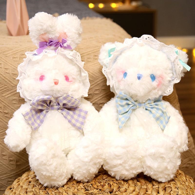 Cute White Bunny Plush Toys with Lace Headwear Soft Stuffed Animals Pillow Kids Birthday Gift Appease Pillow for Bedroom Decor